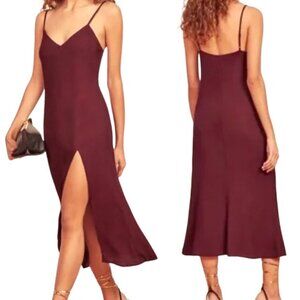 Reformation Crimini V Neck Leg Slit Midi Slip Dress in Plum Maroon Women's Sz 12